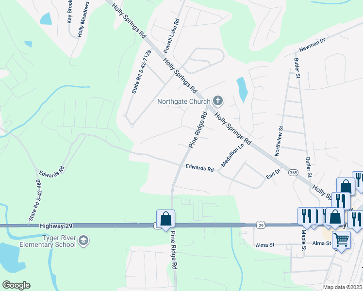 map of restaurants, bars, coffee shops, grocery stores, and more near 407 Kaleb Mark Drive in Lyman
