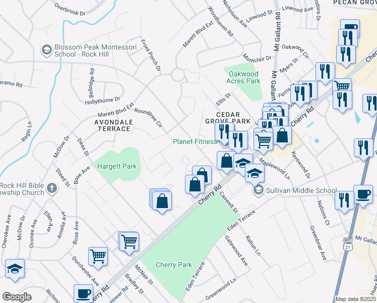 map of restaurants, bars, coffee shops, grocery stores, and more near 1699 Sandpiper Drive in Rock Hill