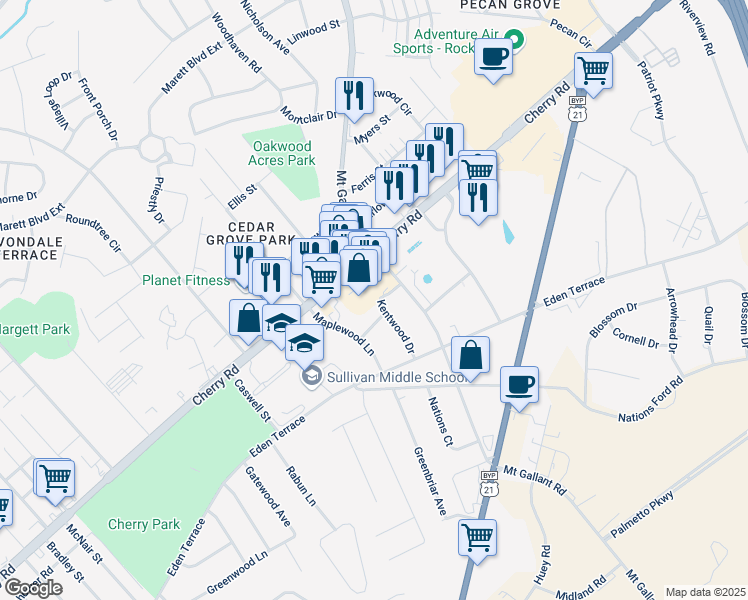 map of restaurants, bars, coffee shops, grocery stores, and more near 913 Kentwood Drive in Rock Hill