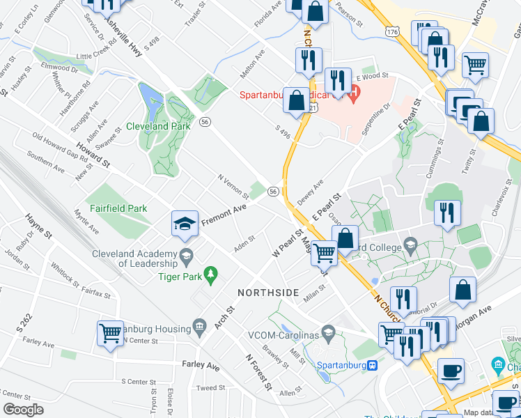 map of restaurants, bars, coffee shops, grocery stores, and more near 185 Fremont Avenue in Spartanburg
