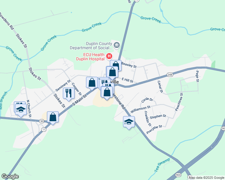 map of restaurants, bars, coffee shops, grocery stores, and more near 102 North Main Street in Kenansville