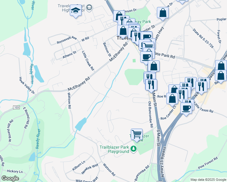 map of restaurants, bars, coffee shops, grocery stores, and more near 133 Midwood Road in Travelers Rest
