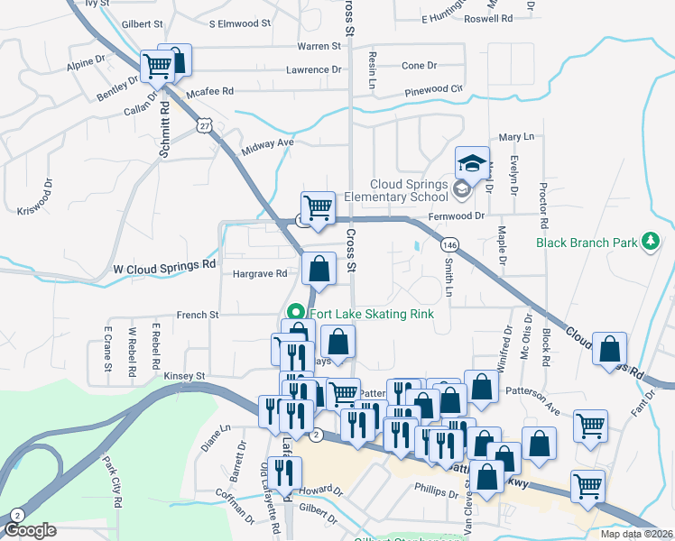 map of restaurants, bars, coffee shops, grocery stores, and more near 117 Herron Street in Fort Oglethorpe