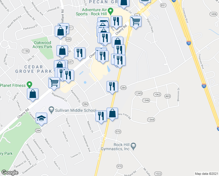 map of restaurants, bars, coffee shops, grocery stores, and more near 945 North Anderson Road in Rock Hill