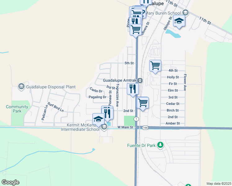 map of restaurants, bars, coffee shops, grocery stores, and more near 275 Tognazzini Avenue in Guadalupe