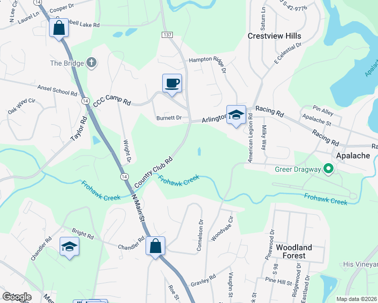 map of restaurants, bars, coffee shops, grocery stores, and more near 2 Arlington Road in Greer