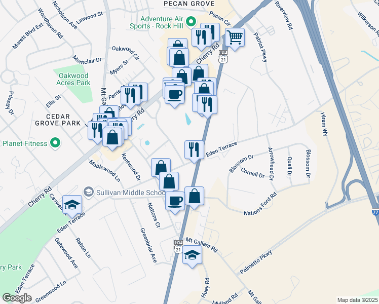 map of restaurants, bars, coffee shops, grocery stores, and more near 945 North Anderson Road in Rock Hill