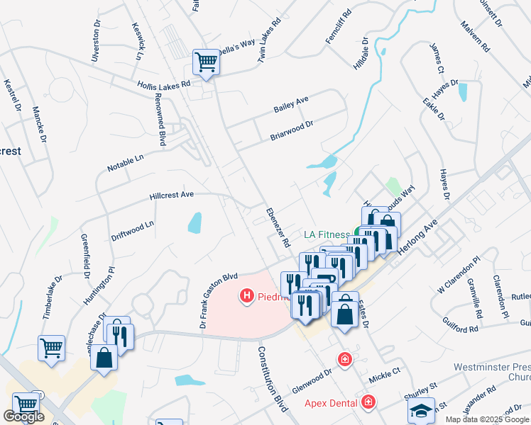 map of restaurants, bars, coffee shops, grocery stores, and more near 1902 Ebenezer Road in Rock Hill