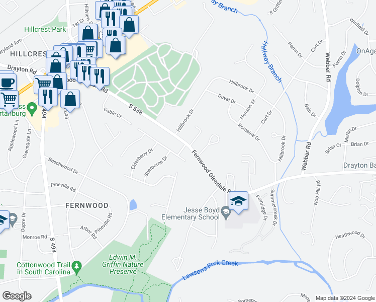 map of restaurants, bars, coffee shops, grocery stores, and more near 2 Pecan Court in Spartanburg