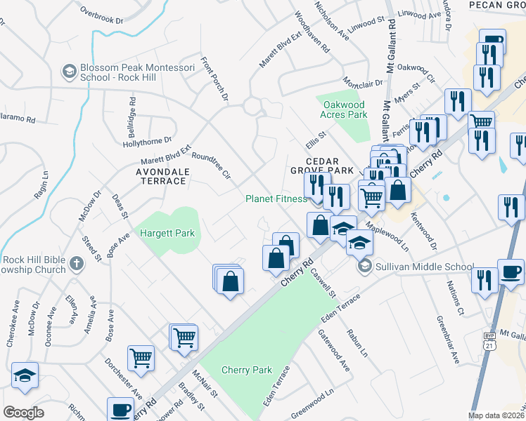 map of restaurants, bars, coffee shops, grocery stores, and more near 1699 Sandpiper Drive in Rock Hill