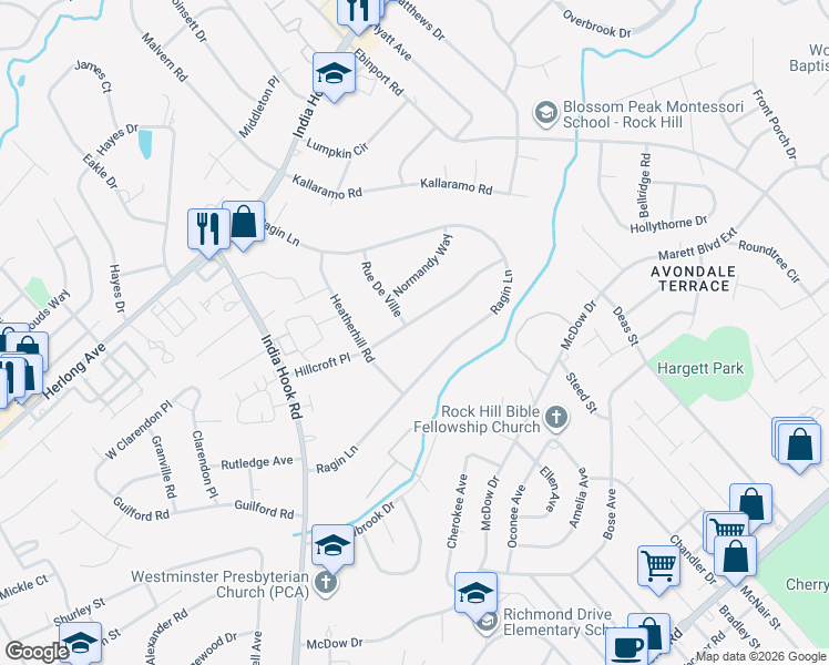 map of restaurants, bars, coffee shops, grocery stores, and more near 848 Hillcroft Place in Rock Hill