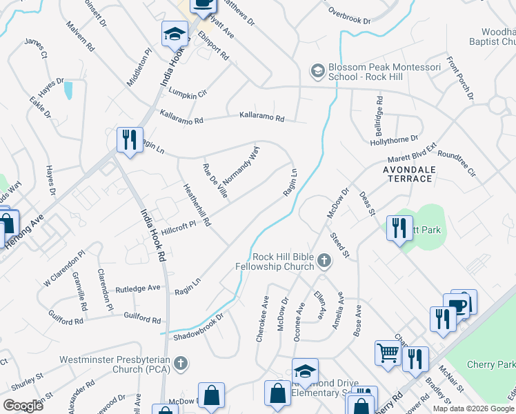 map of restaurants, bars, coffee shops, grocery stores, and more near 889 Ragin Lane in Rock Hill