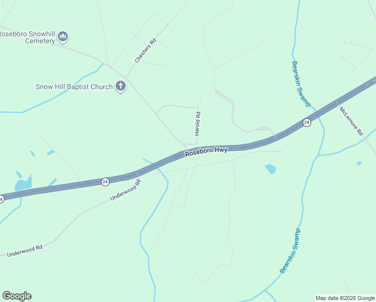map of restaurants, bars, coffee shops, grocery stores, and more near 60-256 Harold Road in Roseboro