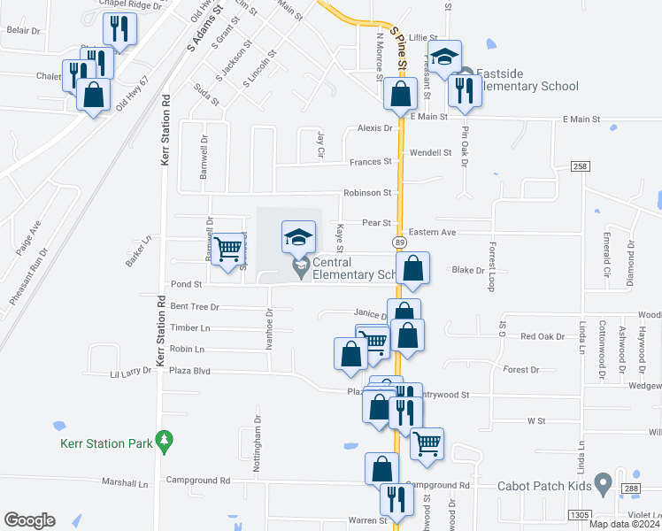 map of restaurants, bars, coffee shops, grocery stores, and more near 21 Kaye Street in Cabot