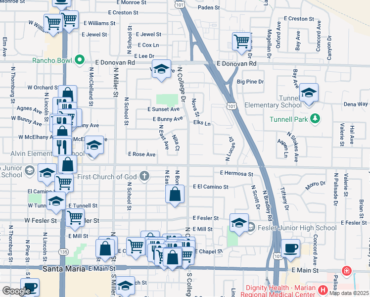 map of restaurants, bars, coffee shops, grocery stores, and more near 913 North College Drive in Santa Maria