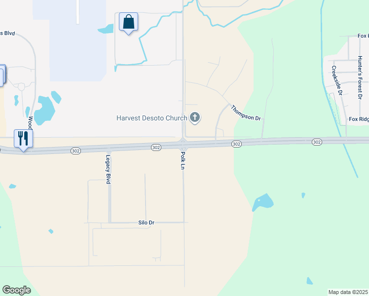 map of restaurants, bars, coffee shops, grocery stores, and more near Polk Lane in Olive Branch
