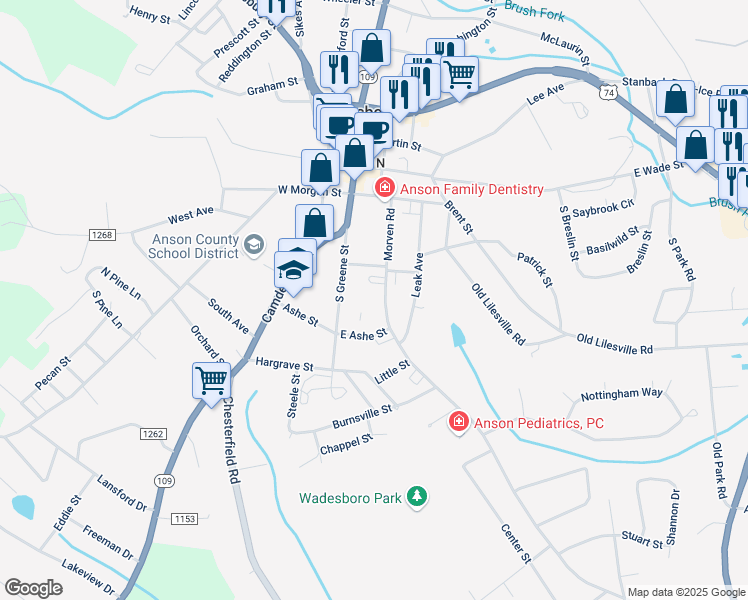 map of restaurants, bars, coffee shops, grocery stores, and more near 402 Morven Road in Wadesboro