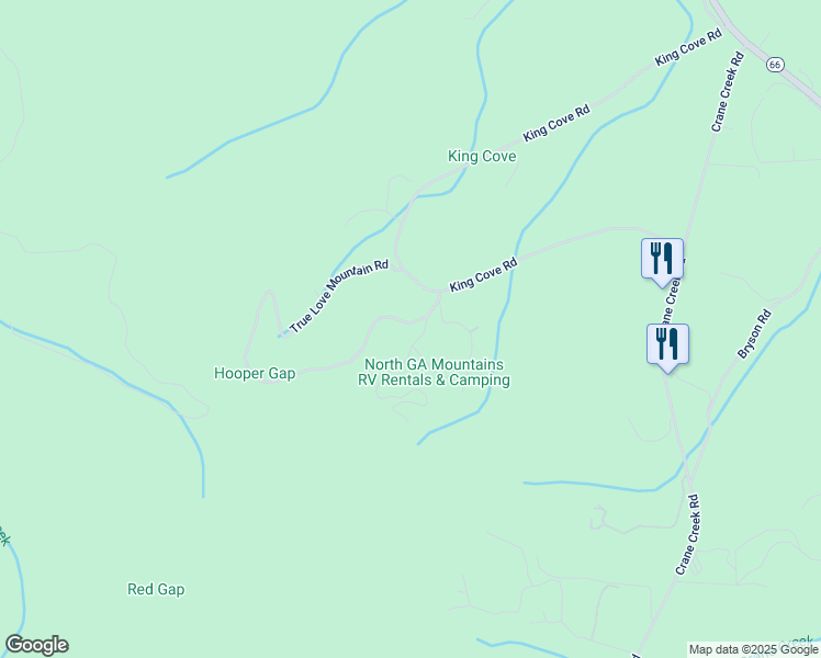map of restaurants, bars, coffee shops, grocery stores, and more near 7677 Albury Road in Young Harris