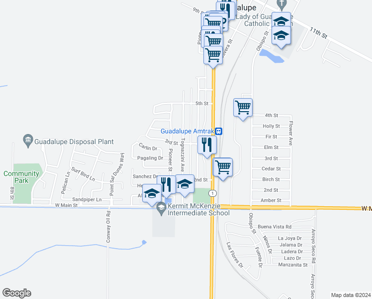 map of restaurants, bars, coffee shops, grocery stores, and more near 282 Tognazzini Avenue in Guadalupe