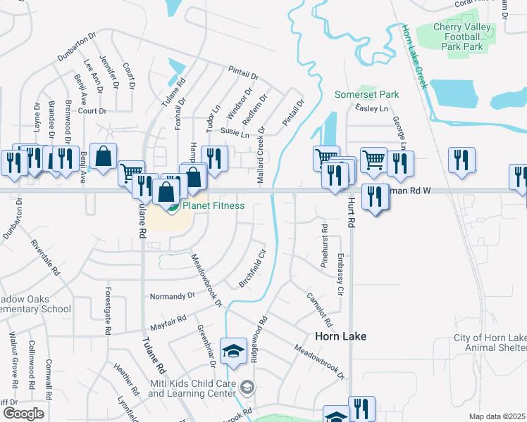 map of restaurants, bars, coffee shops, grocery stores, and more near 2760 Normandy Cove in Horn Lake