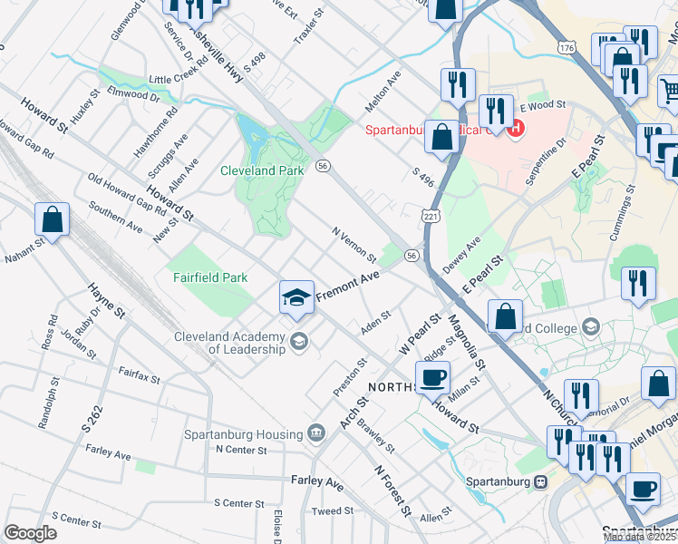 map of restaurants, bars, coffee shops, grocery stores, and more near 728 Fulton Avenue in Spartanburg