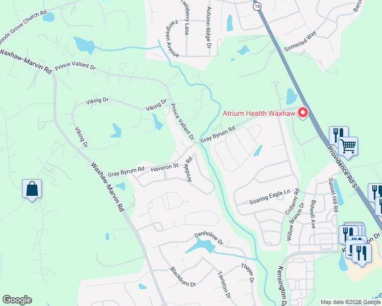 map of restaurants, bars, coffee shops, grocery stores, and more near 3056 Arsdale Road in Waxhaw