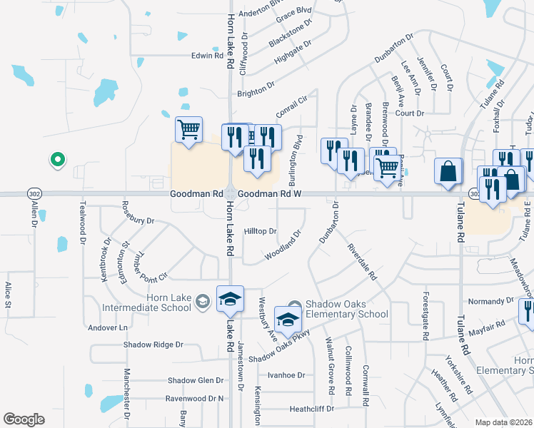 map of restaurants, bars, coffee shops, grocery stores, and more near 3805 Bryn Mawr Drive in Horn Lake