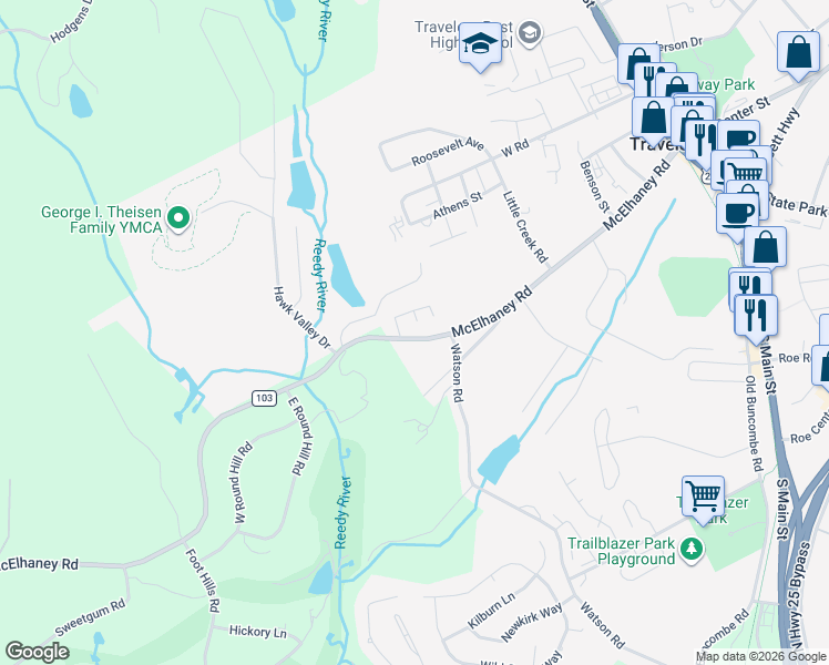 map of restaurants, bars, coffee shops, grocery stores, and more near 412 McElhaney Road in Travelers Rest