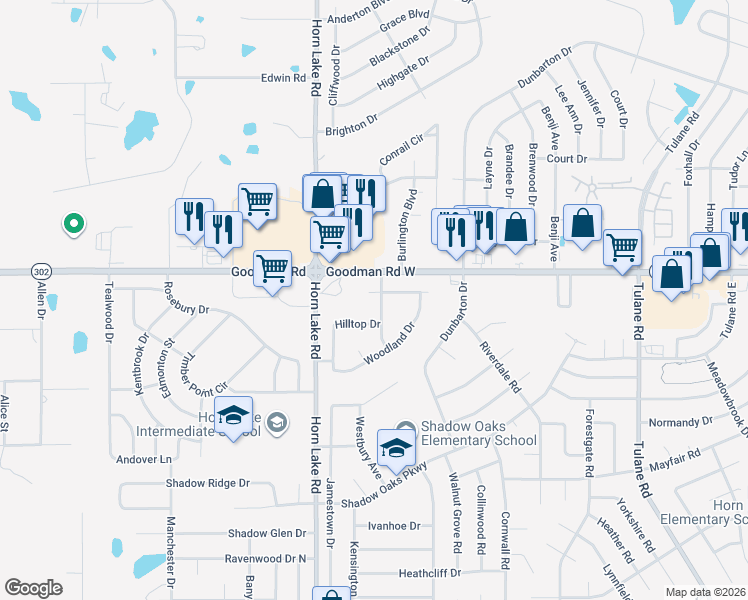 map of restaurants, bars, coffee shops, grocery stores, and more near 3805 Bryn Mawr Drive in Horn Lake