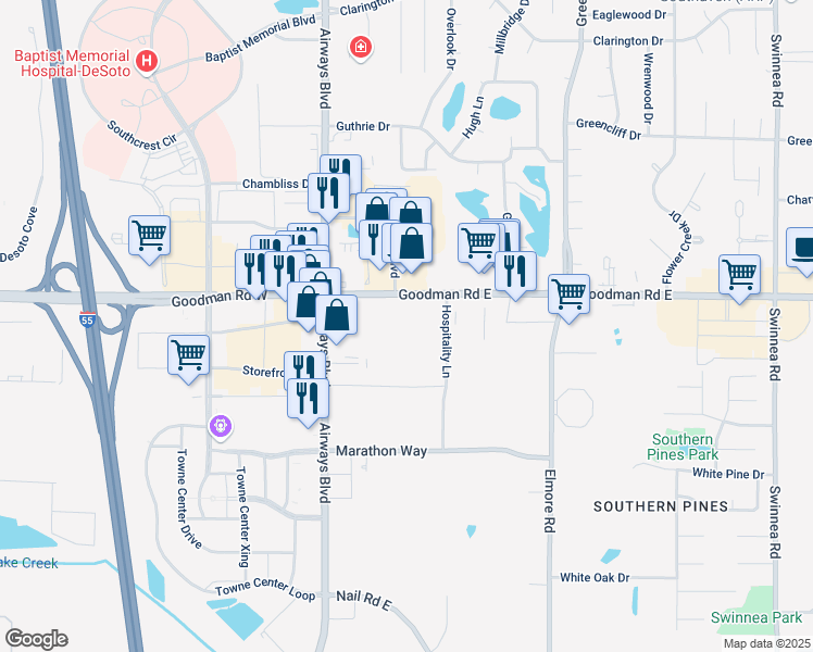 map of restaurants, bars, coffee shops, grocery stores, and more near 181 Goodman Road East in Southaven