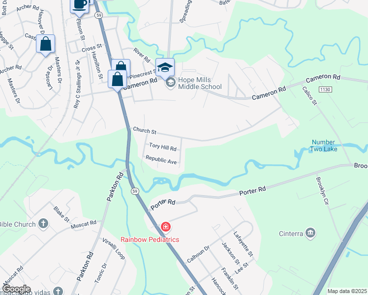 map of restaurants, bars, coffee shops, grocery stores, and more near 4105 Freedom Lane in Hope Mills