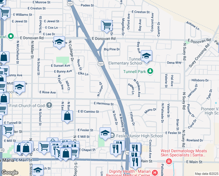 map of restaurants, bars, coffee shops, grocery stores, and more near 916 North Bradley Road in Santa Maria