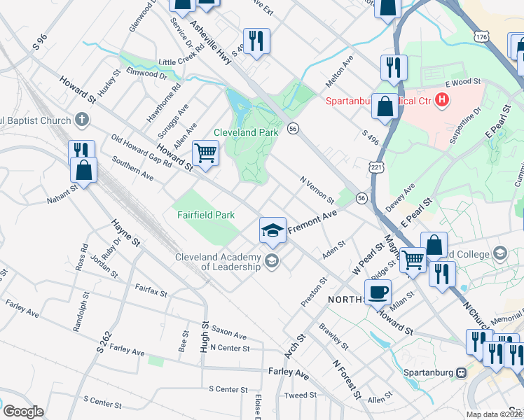 map of restaurants, bars, coffee shops, grocery stores, and more near 798 Leonard Street in Spartanburg