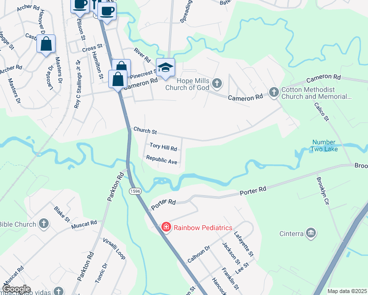 map of restaurants, bars, coffee shops, grocery stores, and more near 4105 Freedom Lane in Hope Mills