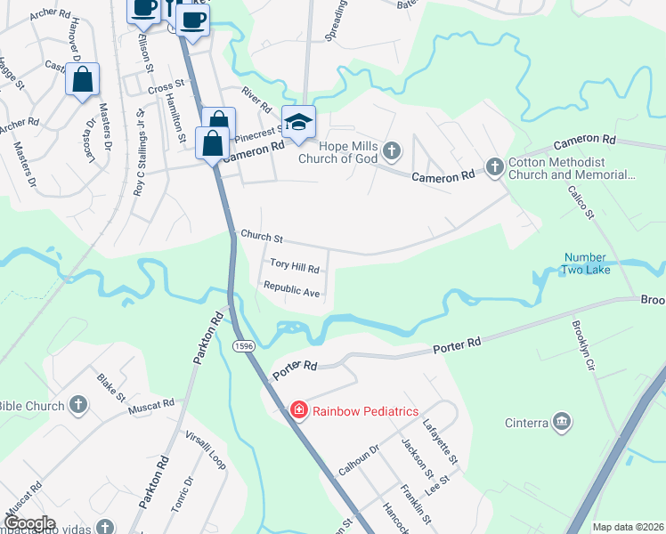 map of restaurants, bars, coffee shops, grocery stores, and more near 4105 Freedom Lane in Hope Mills