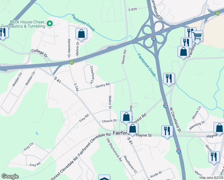 map of restaurants, bars, coffee shops, grocery stores, and more near 260 Mabry Street in Spartanburg