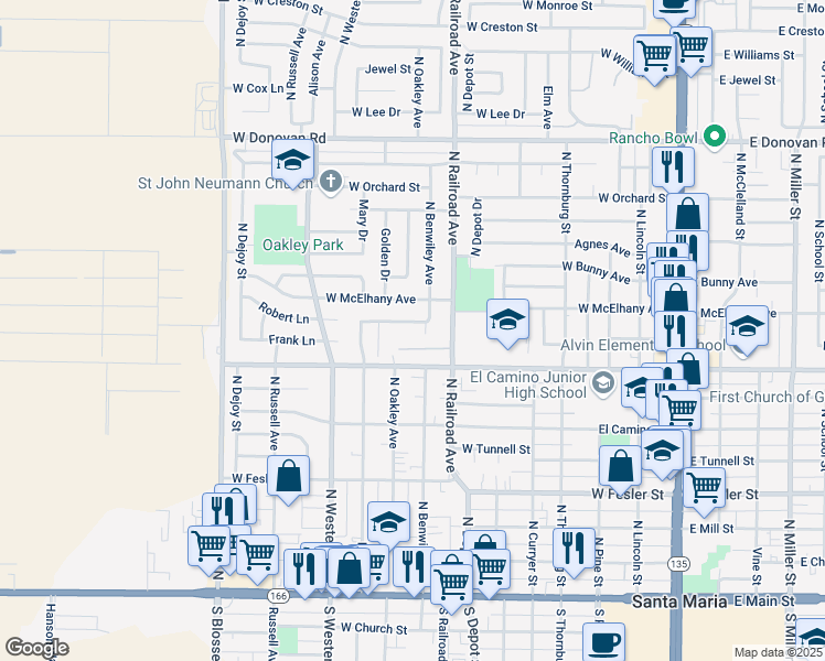 map of restaurants, bars, coffee shops, grocery stores, and more near 811 Raaberg Way in Santa Maria