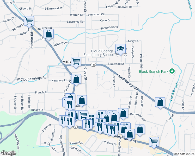 map of restaurants, bars, coffee shops, grocery stores, and more near Brookhaven Cir in Fort Oglethorpe