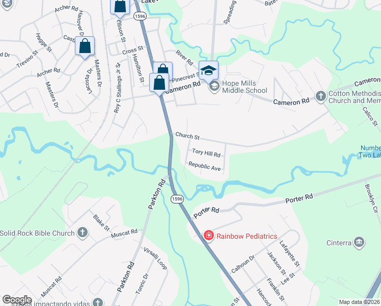 map of restaurants, bars, coffee shops, grocery stores, and more near 4110 Mill Bridge Road in Hope Mills