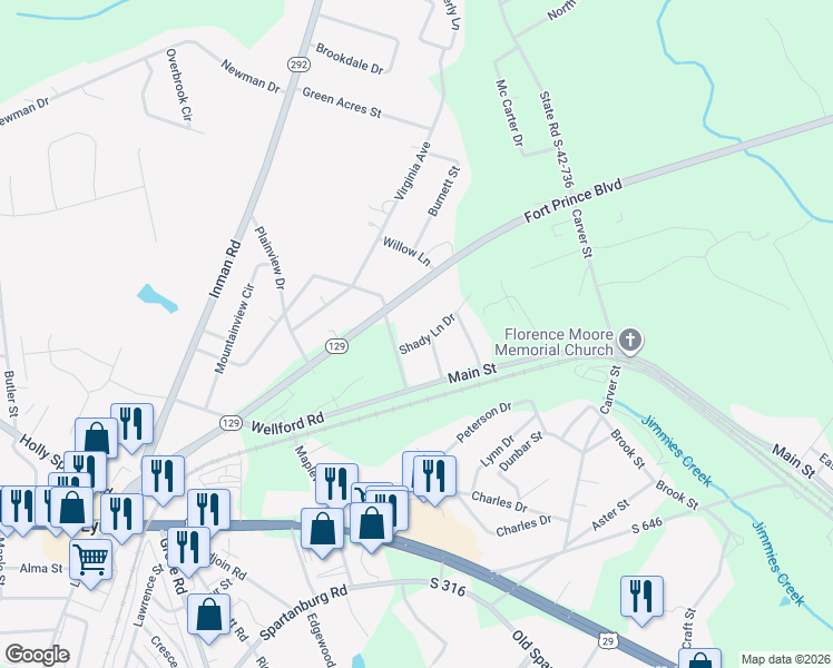 map of restaurants, bars, coffee shops, grocery stores, and more near 138 Shady Lane Drive in Wellford