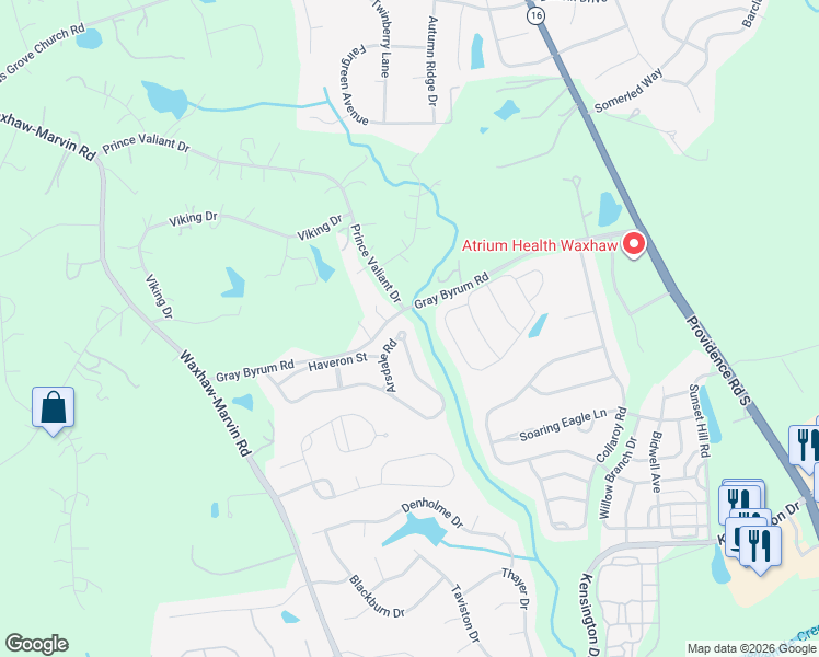 map of restaurants, bars, coffee shops, grocery stores, and more near 3056 Arsdale Road in Waxhaw