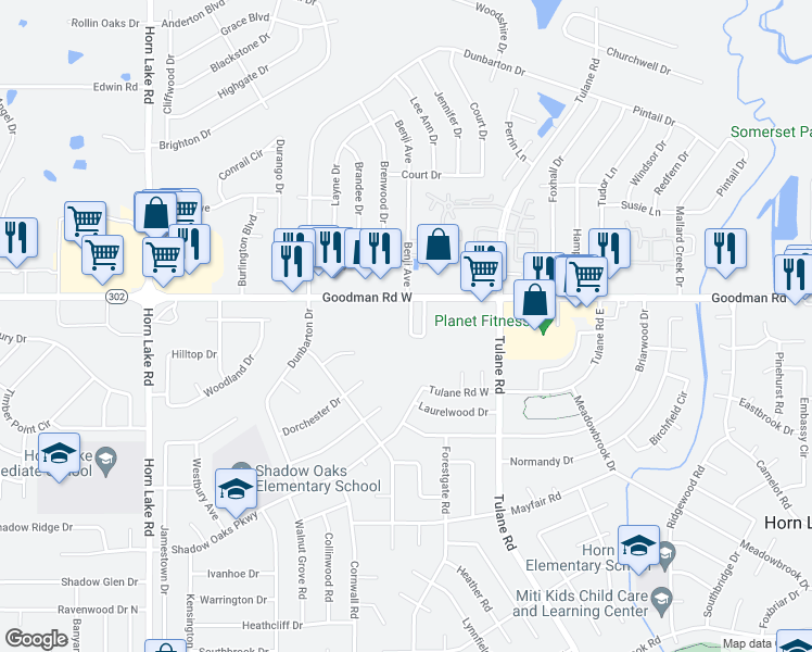 map of restaurants, bars, coffee shops, grocery stores, and more near 3351 Country Side Circle in Horn Lake