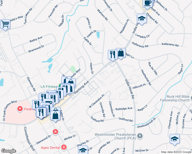 map of restaurants, bars, coffee shops, grocery stores, and more near 1815 Fairlawn Court in Rock Hill