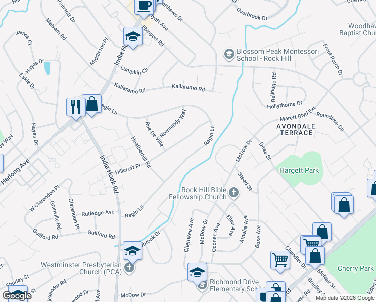 map of restaurants, bars, coffee shops, grocery stores, and more near 889 Ragin Lane in Rock Hill