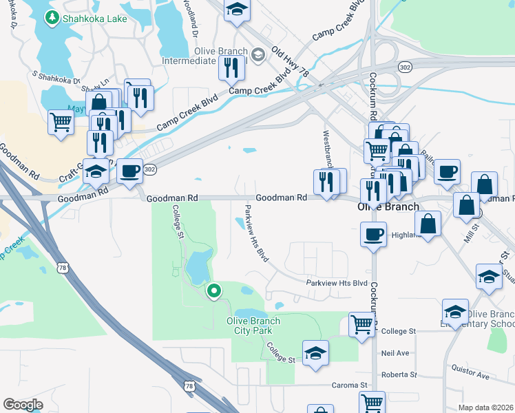 map of restaurants, bars, coffee shops, grocery stores, and more near 8813 Goodman Road in Olive Branch