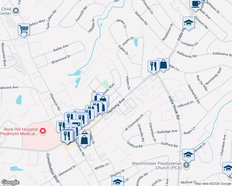 map of restaurants, bars, coffee shops, grocery stores, and more near 754 Winding Way in Rock Hill