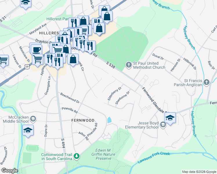 map of restaurants, bars, coffee shops, grocery stores, and more near 109 Richborough Drive in Spartanburg