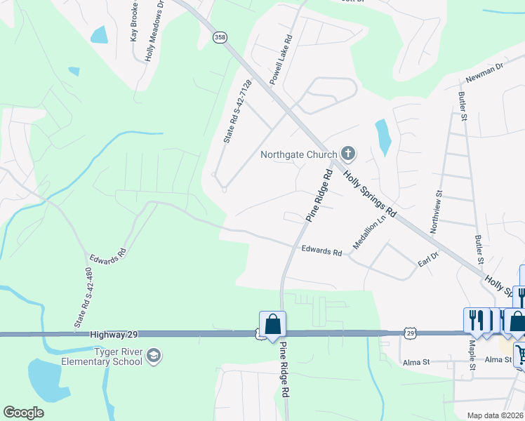 map of restaurants, bars, coffee shops, grocery stores, and more near 431 Kaleb Mark Drive in Lyman