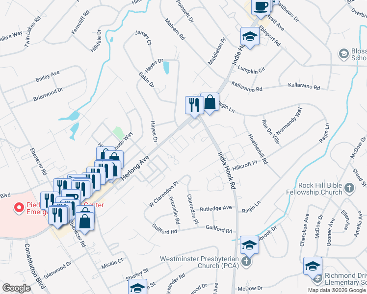 map of restaurants, bars, coffee shops, grocery stores, and more near 1775 Ridgeview Court in Rock Hill