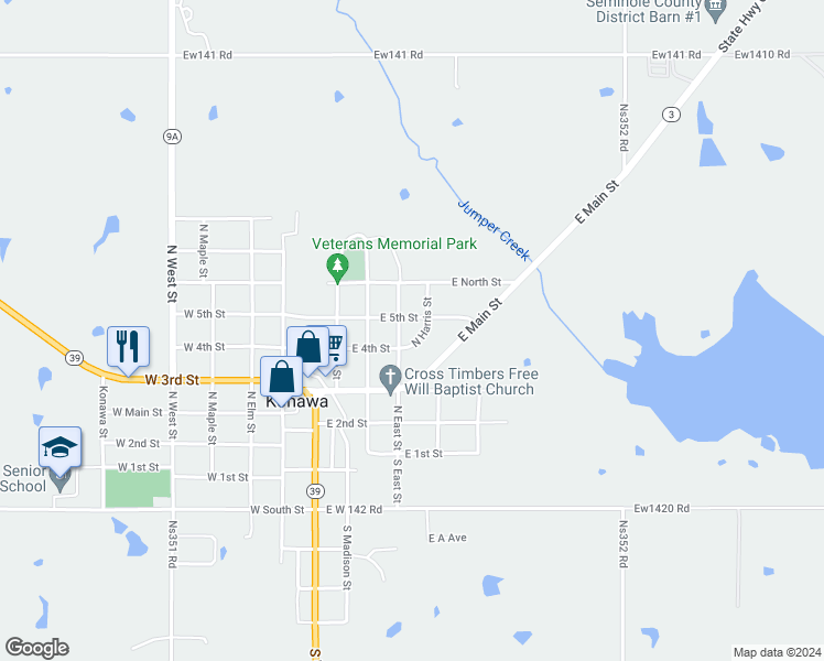 map of restaurants, bars, coffee shops, grocery stores, and more near 400 North East Street in Konawa